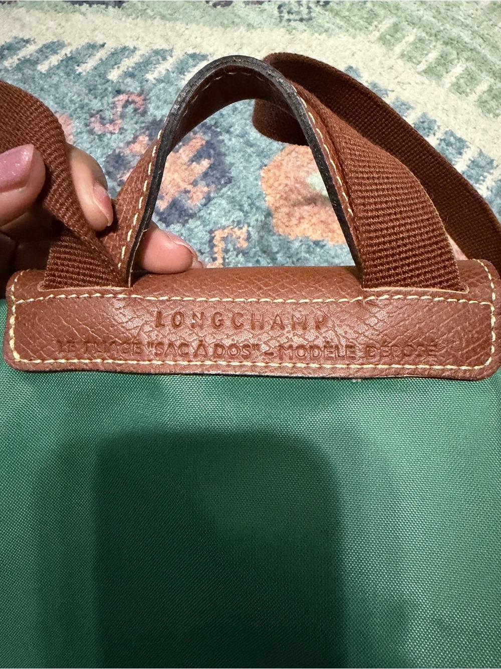 Longchamp Green Nylon Backpack with Brown Trim - Picture 5 of 11